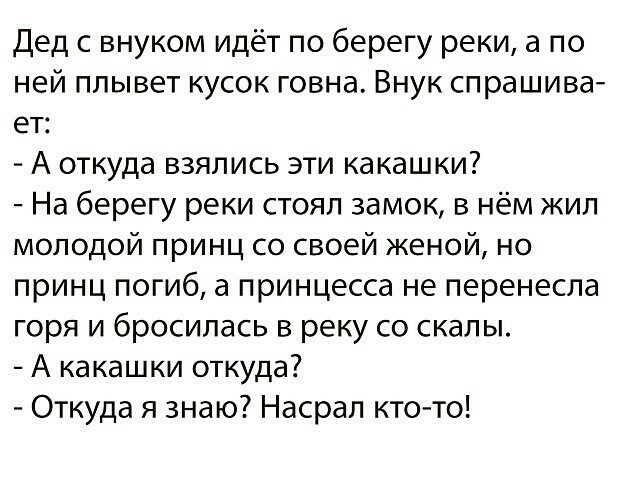 Дед с внуком идёт по берегу реки а по ней плывет кусок говна Внук спрашива ет А откуда взялись эти какашки На берегу реки стоял замок в нём жил молодой принц со своей женой но принц погиб а принцесса не перенесла горя и бросилась в реку со скалы А какашки откуда Откуда я знаю Насрал кто то