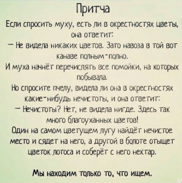 Притча Если спросить муху есТь ли в окрестностях цветы она ответит видела никаких цветов Зато навоза в той вот канаве мутным полю И муха нащёт перечислягь все помойки на которых побывало Но спросите пчелу Видела ли ома в окрес гностЯх какие нибудь нечистоты и она ответит чистотът Нет не видела нигде Здесь так много благоу ханных цветов Один на самом цветущем лугу найдёт нечистое место и сядет на н