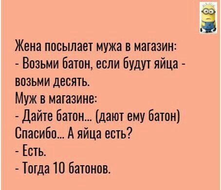 Жена ПОСЫЛЯВТ МУЖЗ В МЗШЗИН Возьми батон если будут яйца возьми десять Муж в маіазине Дайте батон дают ему Батон Спасибо А яйца есть Есть Тогда 10 Батанов