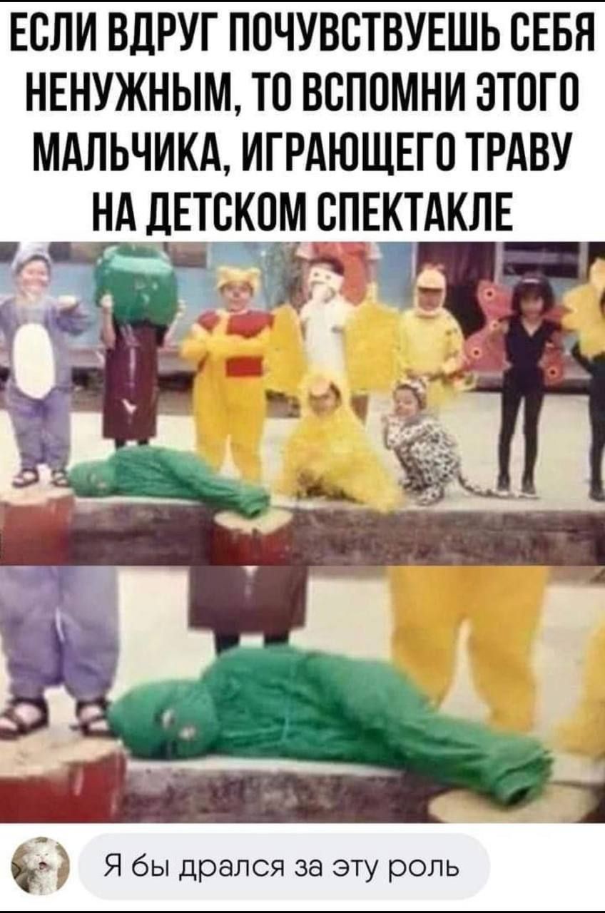 ЕСЛИ ВДРУГ ППЧУВСТВУЕШЬ СЕБЯ НЕНУЖНЫМ ТП ВБППМНИ ЗТПГО МАЛЬЧИКА ИГРАЮЩЕГП ТРАВУ НА ДЕТБКПМ СПЕКТАКЛЕ Я бы дрался за эту роль