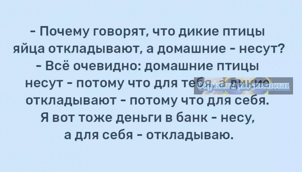 Почему говорят что дикие птицы яйца откладывают а домашние несут Всё очевидно домашние птицы несут потому что для 1 1 откладывают потому что для и Я вот тоже деньги в банк несу а для себя откладываю