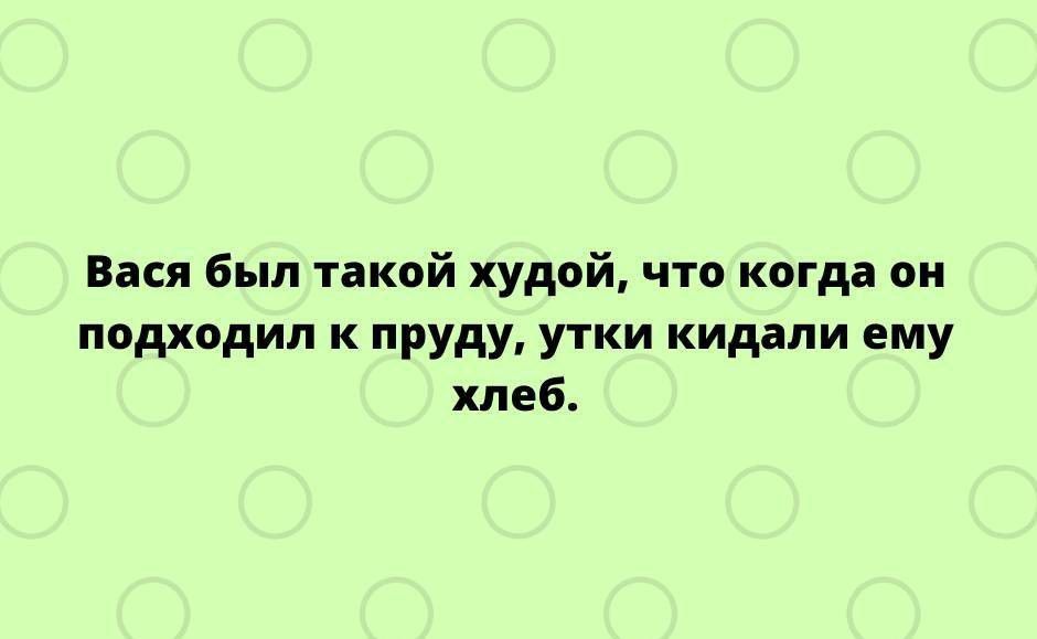 Вася был такой худой что когда он подходил к пруду утки кидали ему хлеб