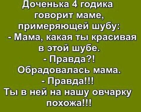Доченька 4 годика говорит маме примеряющей шубу Мама какая ты красивая в этой шубе Правда обрадовалась мама Правда Ты в ней на нашу овчарку похожа