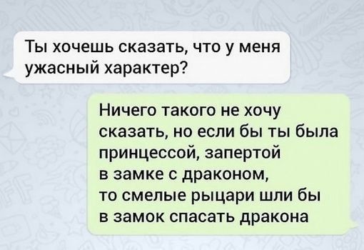 ТЫ ХОЧЕШЬ СКЗЗВТЬ ЧТО у МЕНЯ ужасный характер Ничего такого не хочу сказать но если бы ты была принцессой запертой в замке с драконом то смелые рыцари шпи бы в замок спасать дракона