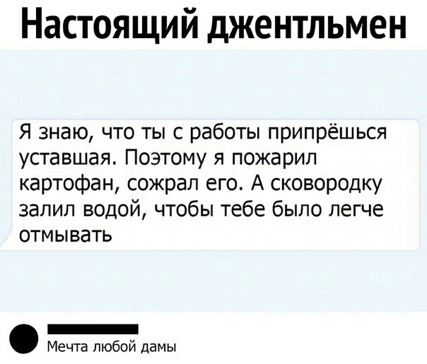 Настоящий джентльмен Я знаю что ты с работы припрёшься уставшая Поэтому я пожарил картофан сожрал его А сковородку залил водой чтобы тебе было легче отмывать _ Мечта любой дамы