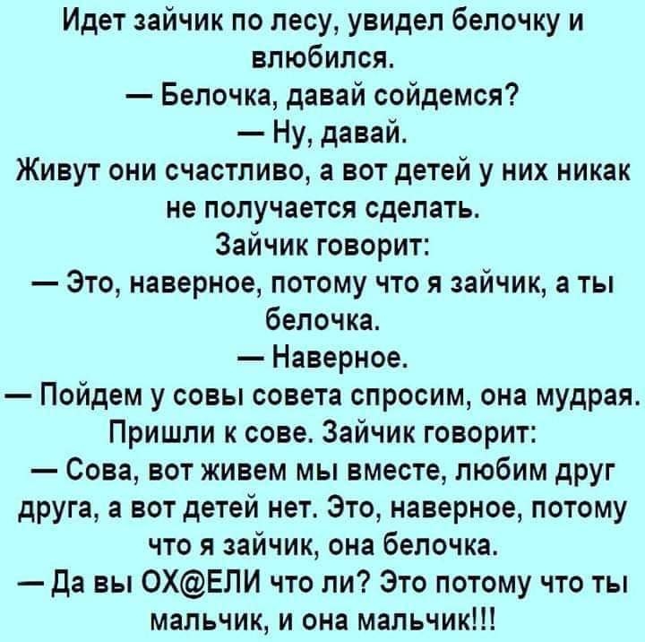Идет зайчик по лесу увидел белочку и влюбился Белочка давай сойдемся Ну давай Живут они счастливо а вот детей у них никак не получается сделать Зайчик говорит Это наверное потому что я зайчик а ты белочка Наверное Пойдем у совы совета спросим она мудрая Пришли к сове Зайчик говорит Сова вот живем мы вместе любим друг друга а вот детей нет Это наверное потому что я зайчик она белочка Да вы 0ХЕПИ чт