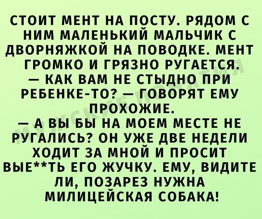 СТОИТ МЕНТ НА ПОСТУ РЯДОМ С НИМ МАЛЕНЬКИЙ МАЛЬЧИК С ДВОРНЯЖКОЙ НА ПОВОДКЕ МЕНТ ГРОМКО И ГРЯЗНО РУГАЕТСЯ КАК ВАМ НЕ СТЫДНО ПРИ РЕБЕНКЕ ТО ГОВОРЯТ ЕМУ ПРОХОЖИЕ А ВЫ БЫ НА МОЕМ МЕСТЕ НЕ РУГАЛИСЬ ОН УЖ_Е дВЕ НЕДЕЛИ ХОДИТ ЗА МНОИ И ПРОСИТ ВЫЕТЬ ЕГО ЖУЧКУ ЕМУ ВИДИТЕ ЛИ ПОЗАРЕЗ НУЖНА МИЛИЦЕЙСКАЯ СОБАКА