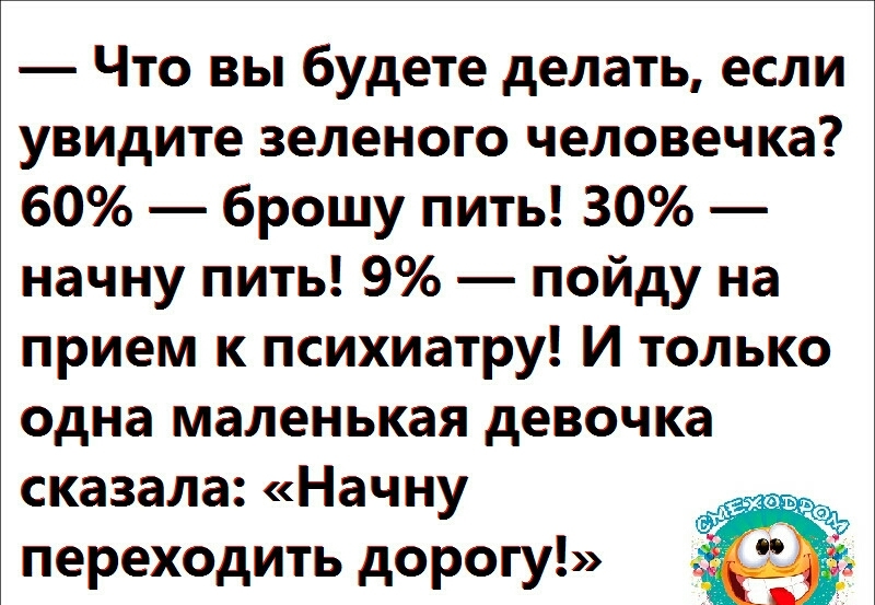 Что вы будете делать если увидите зеленого человечка 60 брошу пить 30 начну пить 9 пойду на прием к психиатру И только одна маленькая девочка сказала Начну переходить дорогу