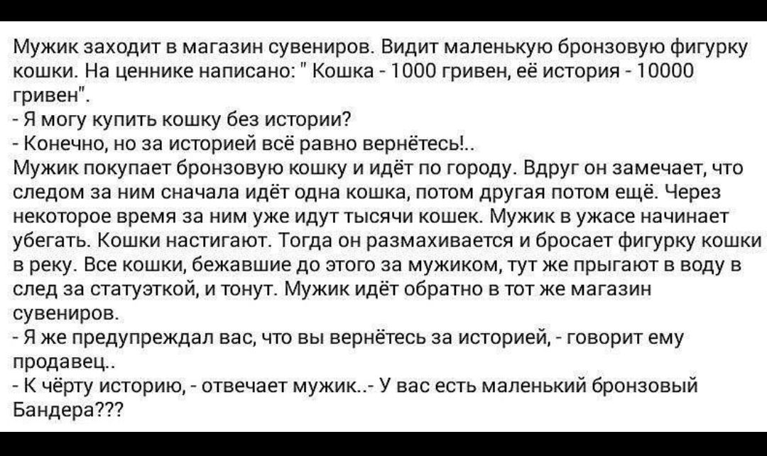 Мужик заходит в магазин сувениров Видит маленькую бронзовую фигурку кошки На ценнике написано Кошка 1000 гривен её история 10000 гривен Я могу купить кошку без истории Конечно но за историей всё равно вернётесь_ Мужик покупает бронзовую кошку и идёт по городу Вдруг он замечает что следом за ним сначала идёт одна кошка потом другая потом ещё Через некоторое время за ним уже идут тысячи кошек Мужик 