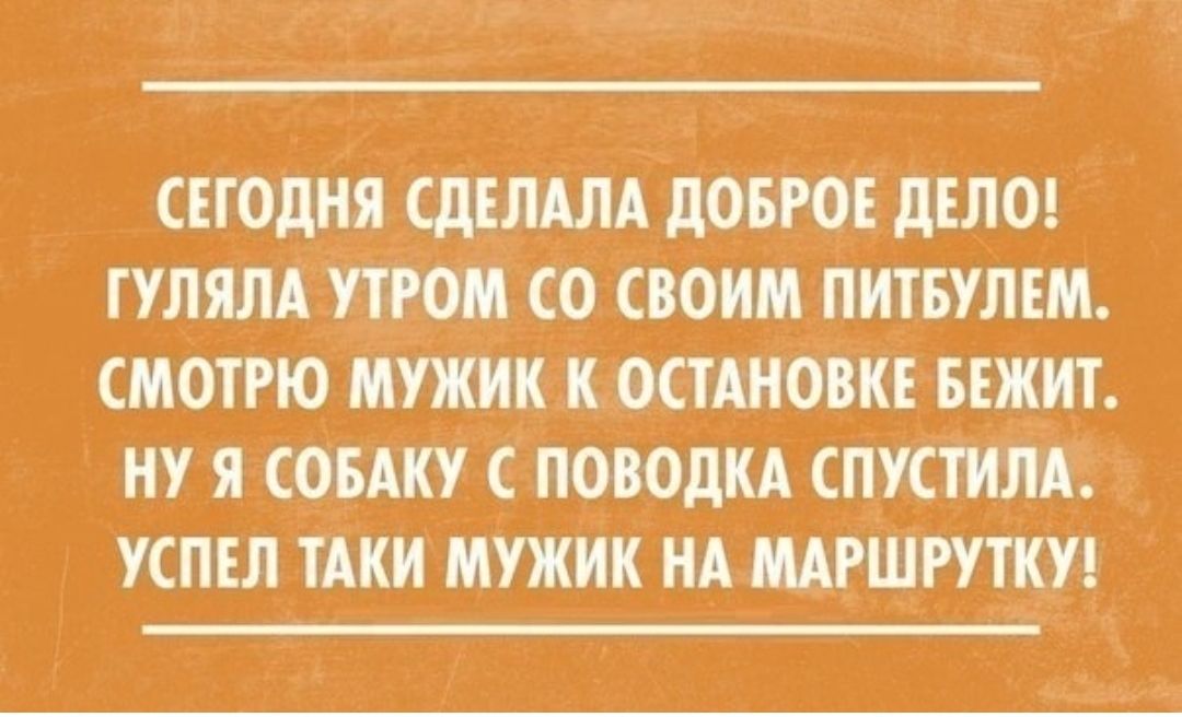 СЕГОДНЯ СДЕЛАЛА _дОБРОЁ дЕЛО ТУЛЯЛА УТРОМ СО СВОИМ ПИТБУЛЕМ СМОТРЮ МУЖИК К ОСТАНОВКЕ БВКИТ НУ Я СОБАКУ С ПОВОдКА СПУСТИЛА УСПЕЛ ТАКИ МУЖИК Н_А МАРШРУТКУ