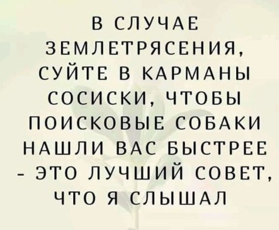 в СЛУЧАЕ ЗЕМЛЕТРЯСЕНИЯ СУЙГЕ в КАРМАНЫ сосиски чтовы поисковыв СОБАКИ НАШЛИ ВАС БЫСТРЕЕ это лучший СОВЕТ что я СЛЫШАЛ