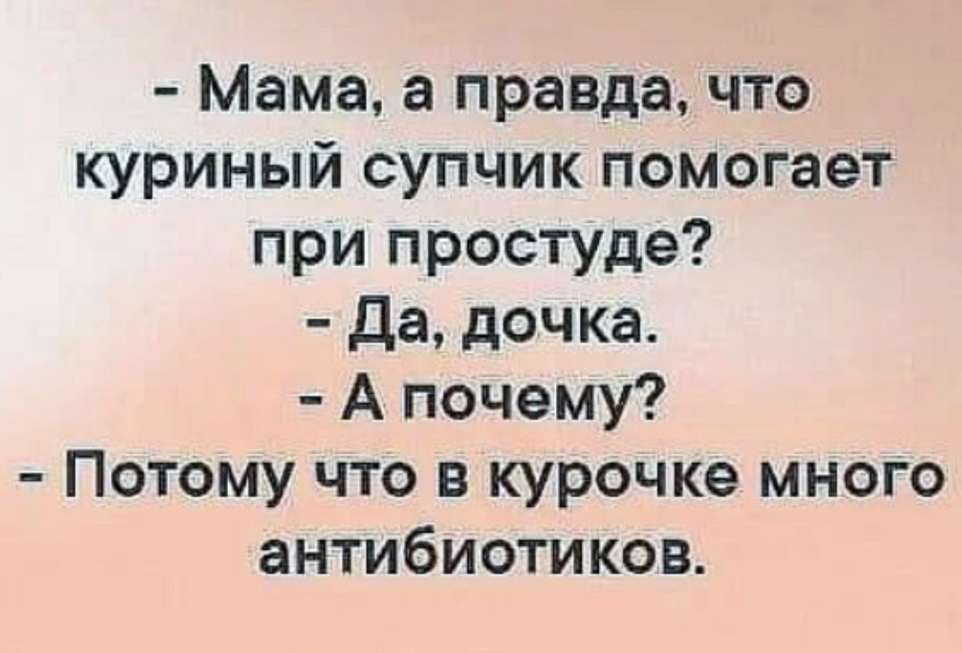 Мама а правда что куриный супчик помогает при простуде да дочка А почему Потому что в курочке мноГо антибиотиков