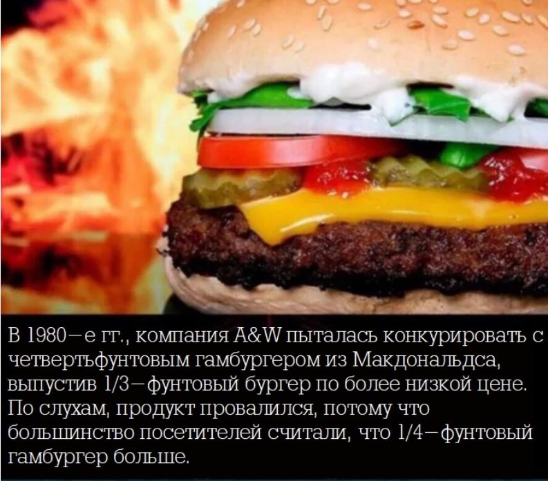 _ _ М В 1980е гг компания А пыталась конкурировать с четвертьфунтовым гамбургером из Макдональдса вьптустив 13 фунтовый бургер по более ъшзкой цене По слухам продукт провалился потому что большинство посетителей сштапи что 147фунтовый гамбургер больше