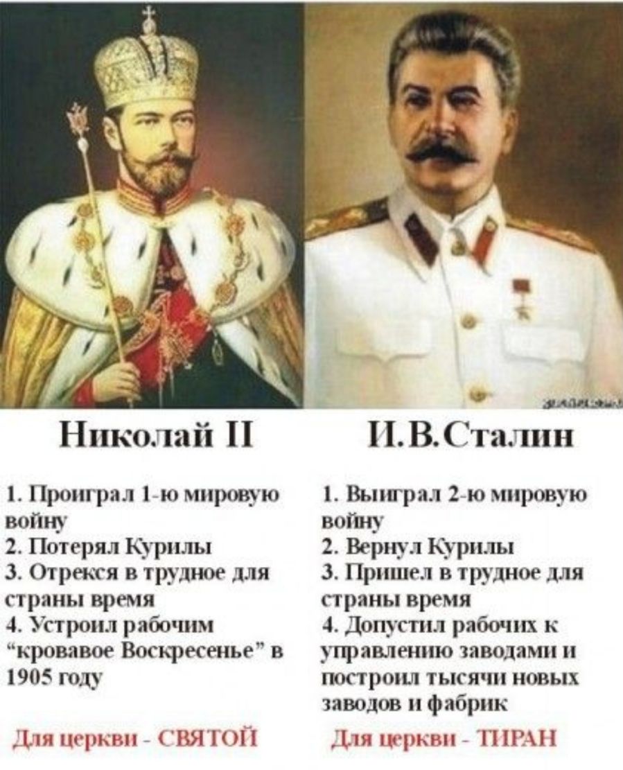 Николай Проиграл 1ю мщювую войну 2 Потерял Курилы 3 Отрекся в трудное для страны время 4 Устроил рабочим кровавое Воскресенье 3 1905 тд Ц игрищ _ ПЯ М В Сталин Выиграл 2ю мировую войну 2 Вернул Курилы 3 Пришел в трудное для страны время 4 Допусшл рабочих к управлению заводами построил тысячи новых заводов и фабрик ш НРЦЦЪ П ПП