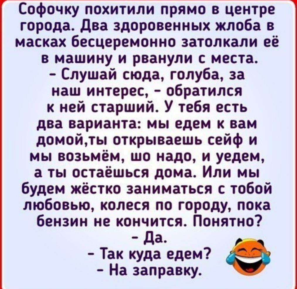 Софочку похитили прямо в центре города Два здоровенных жлоба в масках бесцеремонно затолкали её в машину и рванули с места Слушай сюда голуба за наш интерес обратился к ней старший У тебя есть два варианта мы едем к вам домойты открываешь сейф и мы возьмём шо надо и уедем а ты остаёшься дома Или мы будем жёстко заниматься с тобой любовью колеся по городу пока бензин не кончится Понятно Да Так куда