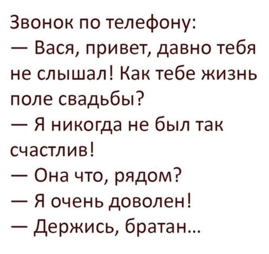 Звонок по телефону Вася привет давно тебя не слышал Как тебе жизнь поле свадьбы Я никогда не был так счастлив Она что рядом Я очень доволен Держись братан