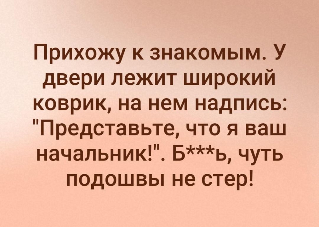 Прихожу к знакомым У двери лежит широкий коврик на нем надпись Представьте что я ваш начальник Бь чуть подошвы не стер