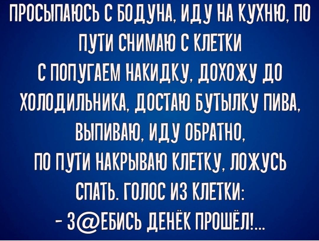 ПРПСЫПАЮСЬ С БПДУНИ ИДУ НА КУКНЮ ПП ПУТИ СНИМАЮ С КЛЕТКИ С ПОПУГАЕМ НАКИЛКИ 110 ХОЛОДИЛЬНИКИ ДОСТАЮ БУТЫЛКУ ПИВА ВЫПИВАЮ ИДУ ОБРАТНО ПП ПУТИ НАКРЫВАЮ КЛЕТКУ ЛОЖУСЬ СПАТЬ ГОЛОС ИЗ КЛЕТКИ 3ЕБИСЬ ДЕНЁК ПРПШЁП