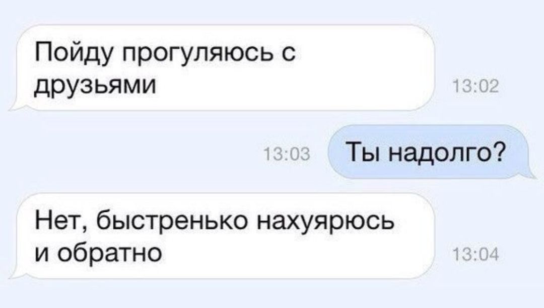 Пойду прогуляюсь с друзьями Ты надолго Нет быстренько нахуярюсь и обратно