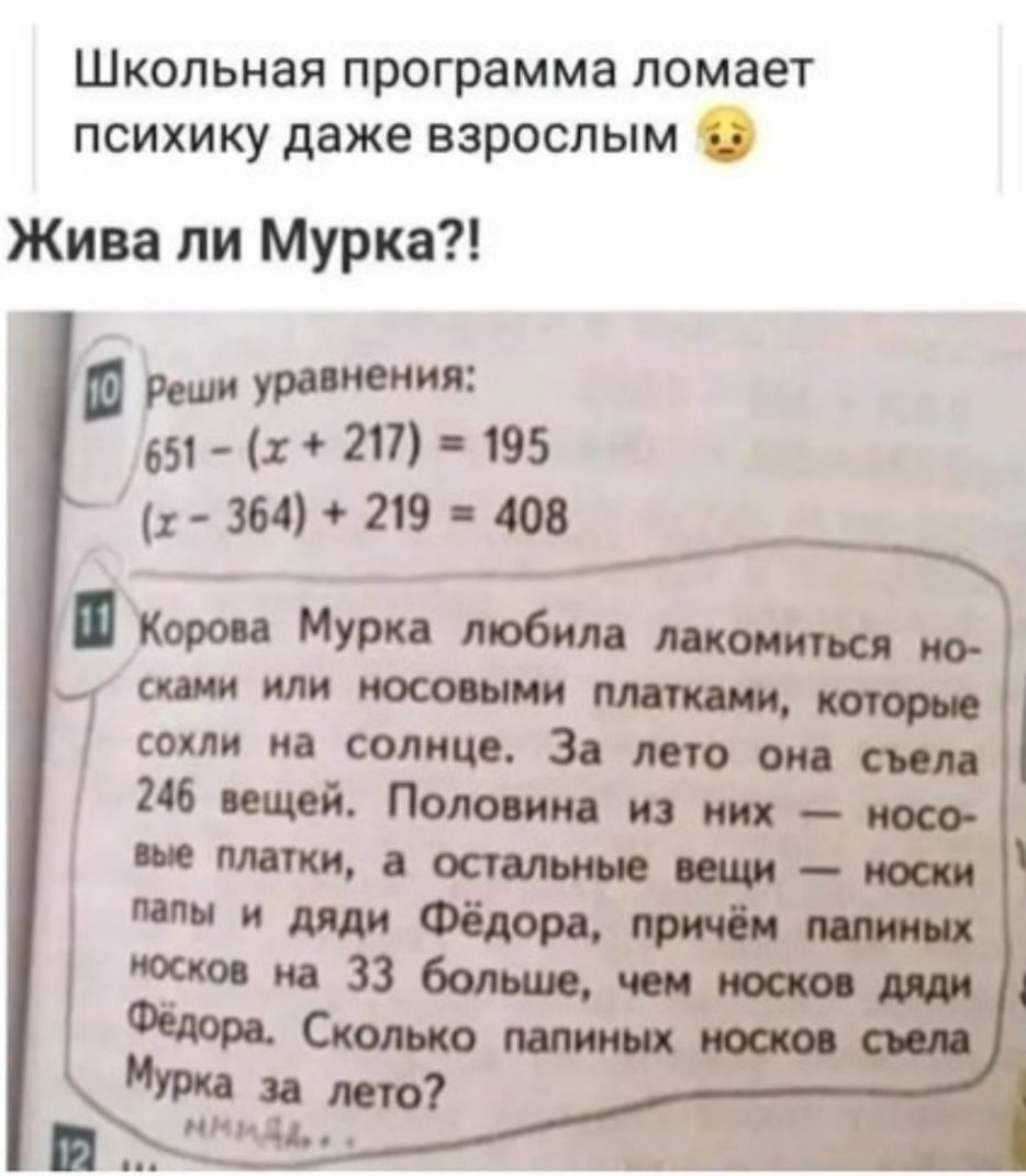 Школьная программа ломает психику даже взрослым Жива пи Мурка п р уравнения 651 217 195 1 364 219 408 или носовыми сопли на солнце 3 то от 246 вещей Положив из них юао