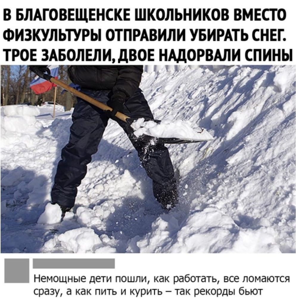 В БЛАГОВЕЩЕНСКЕ ШКОЛЬНИКОВ ВМЕСТО ФИЗКУЛЬТУРЫ ОТПРАВИЛИ УБИРАТЬ СНЕГ ТРОЕ 3АБОЛЕЛИ дВОЕ НАДОРВАЛИ СПИИЫ Немощные дети пошли как работать все ломаются сразу а как пить и курить так рекорды бьют