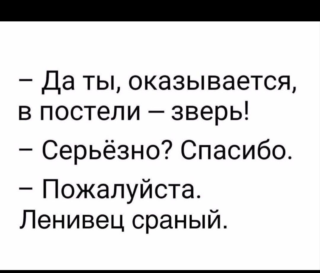 Да ты оказывается в постели зверь Серьёзно Спасибо Пожалуйста Ленивец сраный