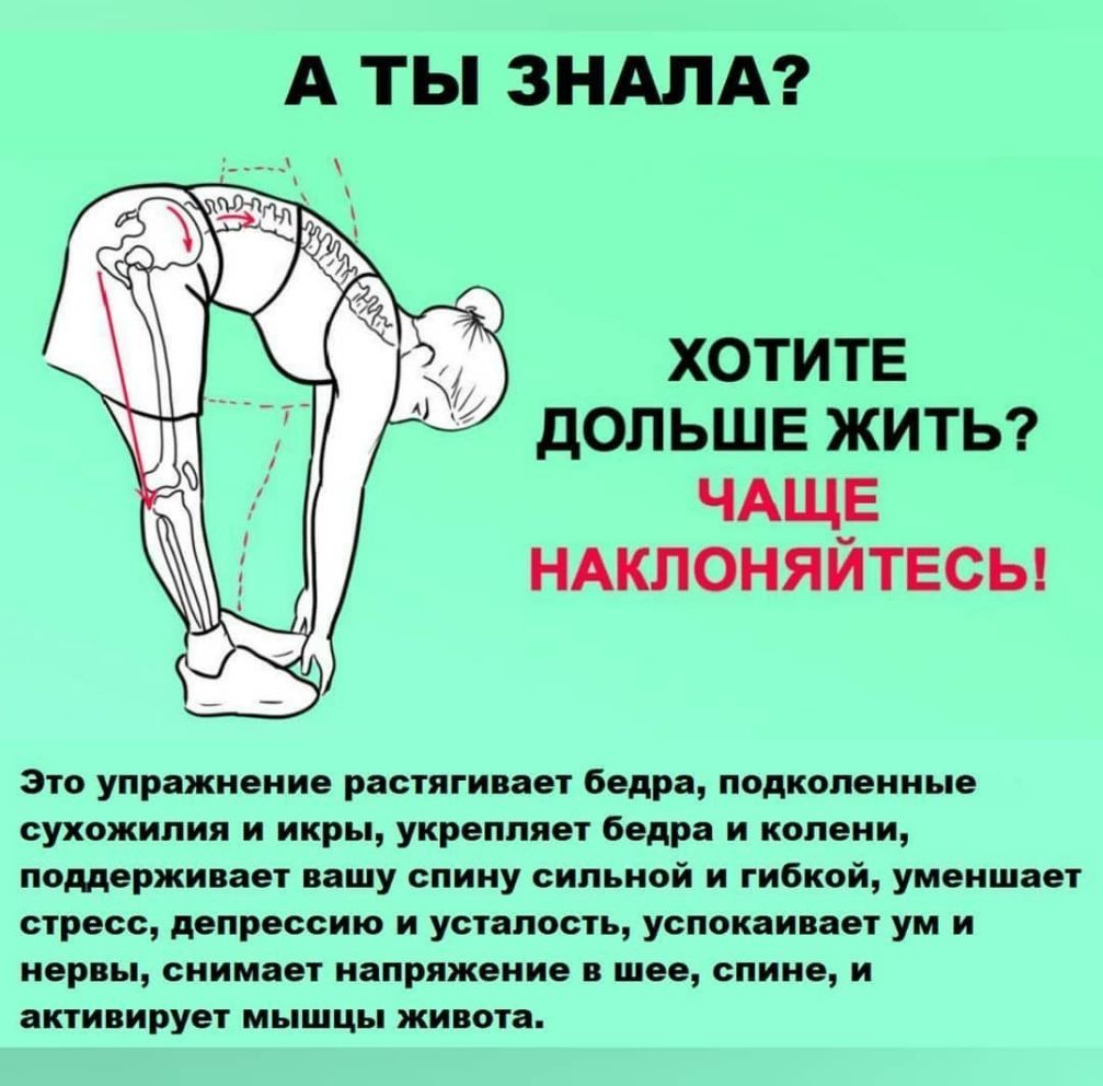 А ТЫ ЗНАПА ХОТИТЕ дОЛЬШЕ ЖИТЬ ЧАЩЕ НАКЛОНЯЙТЕСЬ Это упражнение растягивает бедра подколенные сухожилия и икры укрепляет бедра и колени поддерживает вашу спину сильной и гибкой уменшает стресс депрессию и усталость успокаивает ум и нервы снимает напряжение в шее спине и активирует мышцы живота