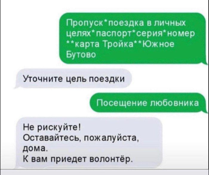 Пропускпоездка в личных цепях паспортсерия номер карта ТроИкаЮж ное Бутово УТОЧНИТЕ цепь поездки Не рискуйте Оставайтесь пожалуйста дома К вам приедет волонтёр