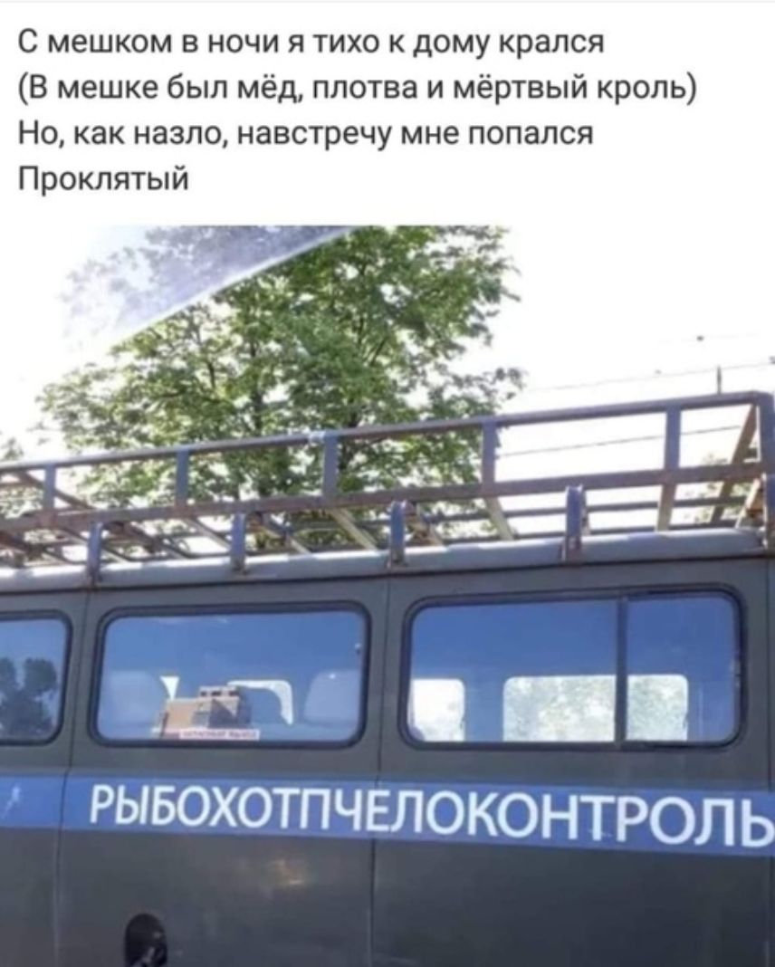 С мешком в ночи я тихо к дому крался В мешке был мёд плотва и мёртвый кроль Но как назло навстречу мне попался Проклятый ЕЁ Э рывохотпчвлоконтроль