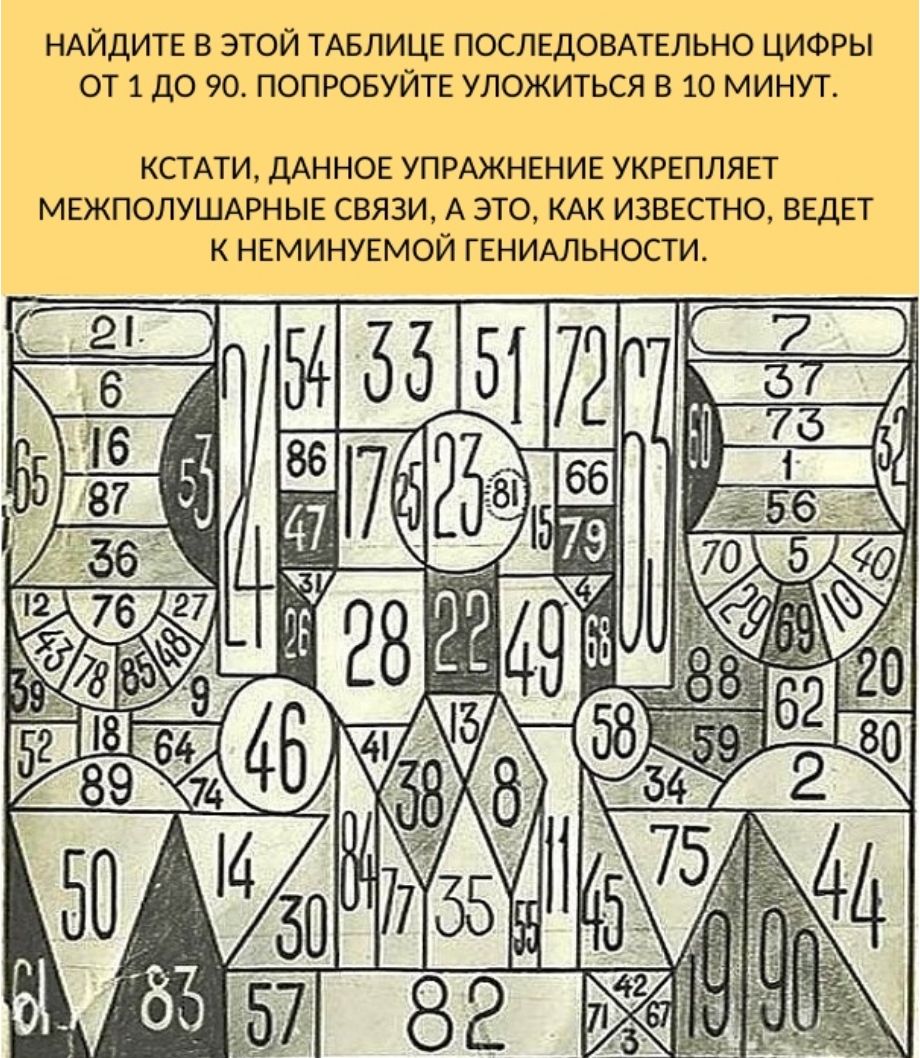 НАЙДИТЕ В ЭТОЙ ТАБЛИЦЕ ПОСЛЕДОВАТЕЛЬНО ЦИФРЫ ОТ 1 ДО 90 ПОПРОБУЙТЕ УЛОЖИТЬСЯ В 10 МИНУТ КСТАТИ ДАННОЕ УПРАЖНЕНИЕ УКРЕПЛЯЕТ МЕЖПОЛУШАРНЫЕ СВЯЗИ А ЭТО КАК ИЗВЕСТНО ВЕДЕТ К НЕМИНУЕМОЙ ГЕНИАЛЬНОСТИ