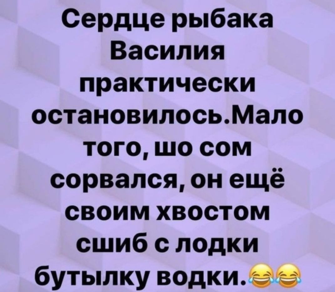 Сердце рыбака Василия практически остановилосьМало того шо сом сорвался он ещё своим хвостом сшиб с лодки бутылку водкиев