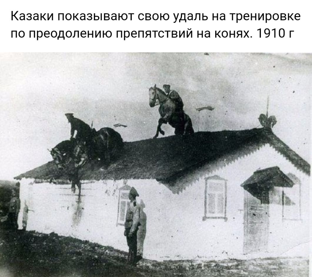 Казаки показывают свою удаль на тренировке по преодолению препятствий на конях 1910 г