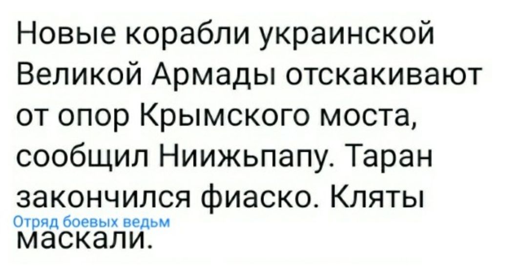 Новые корабли украинской Великой Армады отскакивают от опор Крымского моста сообщил Ниижьпапу Таран закончился фиаско Кляты Отряд боевых ведьм маскали