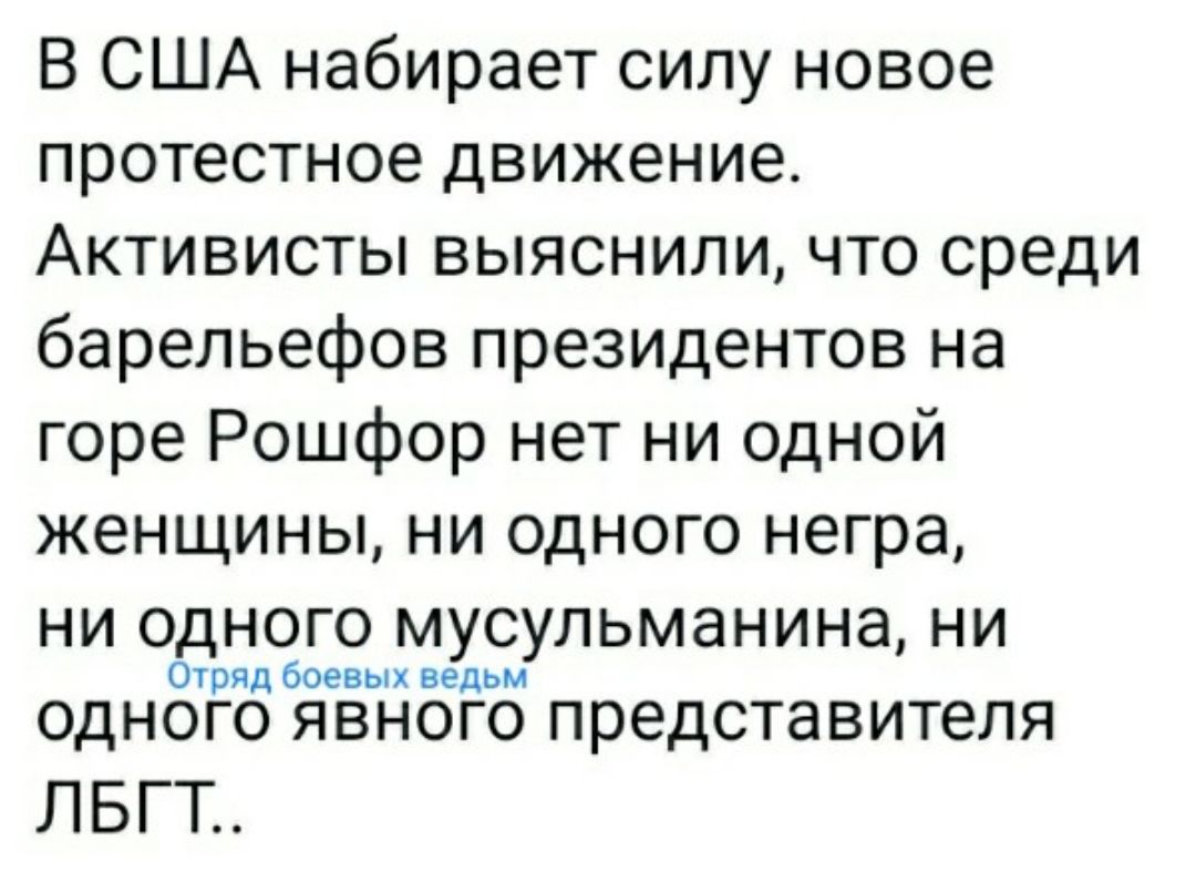 В США набирает силу новое протестное движение Активисты выяснили что среди барельефов президентов на горе Рошфор нет ни одной женщины ни одного негра ни одного мусульманина ни Отряд боевых ведьм одного явного представителя ЛБГТ