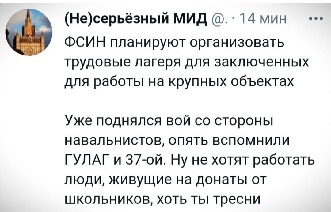 Несерьёзный МИД 14 мин ФСИН планируют организовать трудовые лагеря для заключенных для работы на крупных объектах Уже поднялся вой со стороны навальнистов опять вспомнили ГУЛАГ и З7 ой Ну не хотят работать люди живущие на донаты от школьников хоть ты тресни