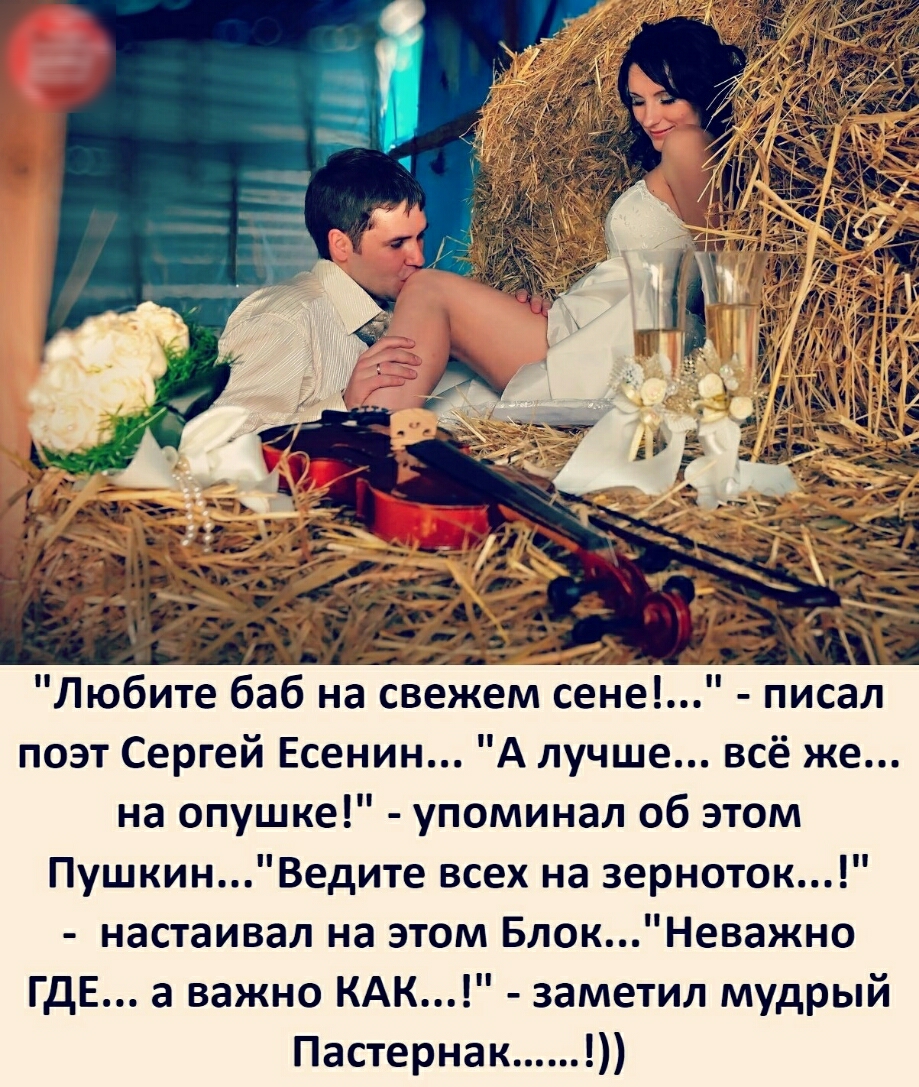 Любите баб на свежем сене поэт Сергей Есенин А лучше всё же на опушке упоминал об этом ПушкинВедите всех на зерноток настаивал на этом БлокНеважно ГдЕ а важно КАК заметил мудрый Пастернак
