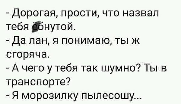 Дорогая прости что назвал тебя йнутой Да лан я понимаю ты ж сгоряча А чего у тебя так шумно Ты в транспорте Я морозилку пылесошу