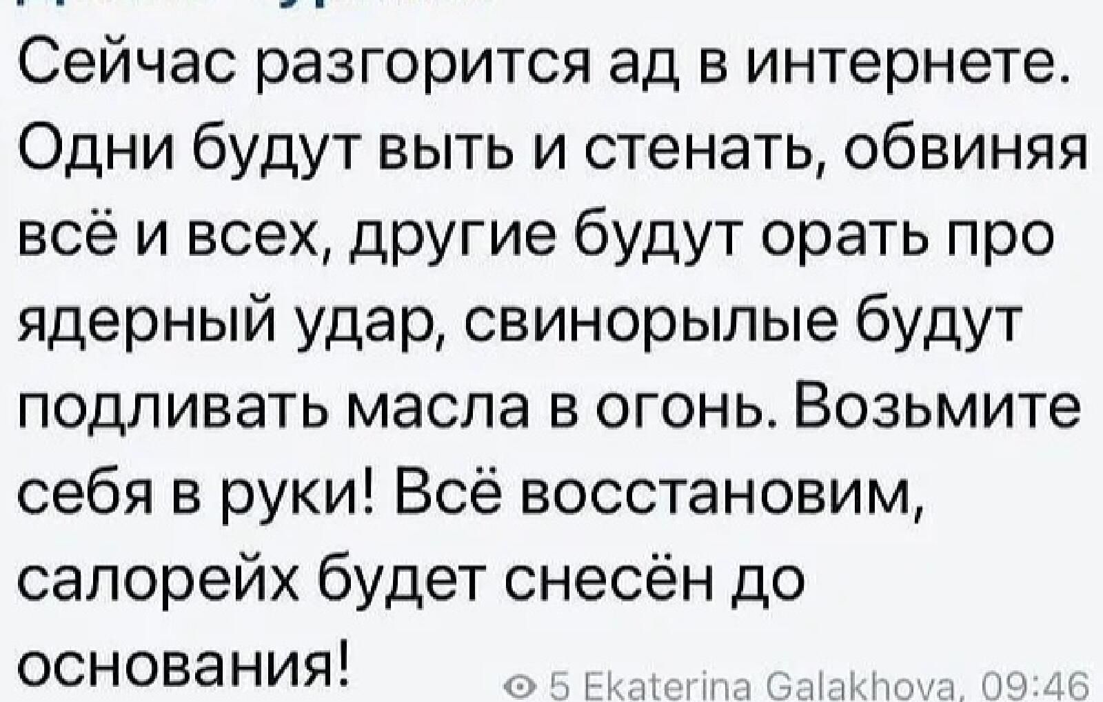 Сейчас разгорится ад в интернете Одни будут выть и стенать обвиняя всё и всех другие будут орать про ядерный удар свинорылые будут подливать масла в огонь Возьмите себя в руки Всё восстановим салорейх будет снесён до основания