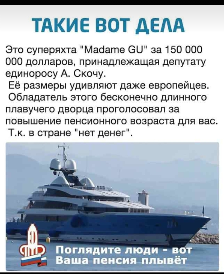 ТДКГЛЕ ВШ ДЕЖД Это суперяхта Маоате 60 за 150 000 000 долларов принадлежащая депутату единоросу А Скочу Её размеры удивляют даже европейцев Обладатель этого бесконечно длинного плавучего дворца проголосовал за повышение пенсионного возраста для вас Тк в стране нет денег Ъ