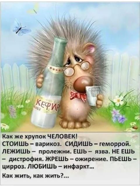 Как же хрупок ЧЕЛОВЕК СГОИШЬ варикоз СИдИШЬ геморрой ЛЕЖИШЬ пролежни ЕШЬ язва НЕ ЕШЬ дистрофия ЖРЕШЬ ожирение ПЬЕШЬ цирроз ЛЮБИШЬ инфаркт Как жить как жить