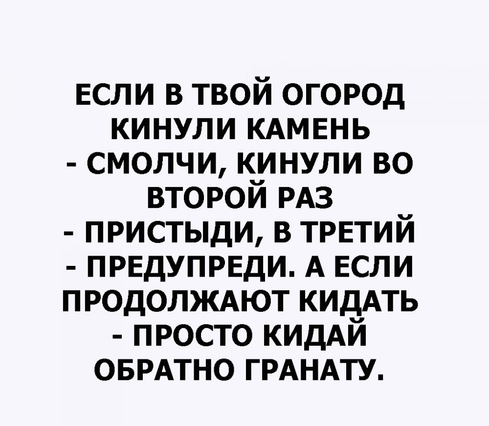 если в твой огород кинули КАМЕНЬ смолчи кинули во второй РАЗ пристыди в третий предупрвди А ЕСЛИ продолждют КИДАТЬ просто кидАй оврдтно ГРАНАТУ