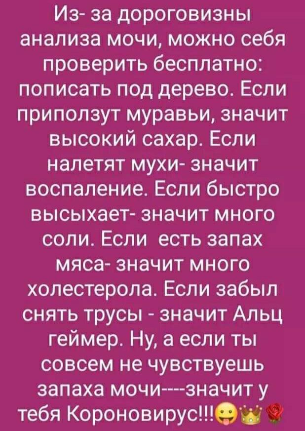 Из за дороговизны анализа мочи можно себя проверить бесплатно пописать под дерево Если приползут муравьи значит высокий сахар Если налетят мухи значит воспаление Если быстро высыхает значит много соли Если есть запах мяса значит много холестерола Если забыл снять трусы значит Альц геймер Ну а если ты совсем не чувствуешь запаха мочи значит у тебя Короновирус