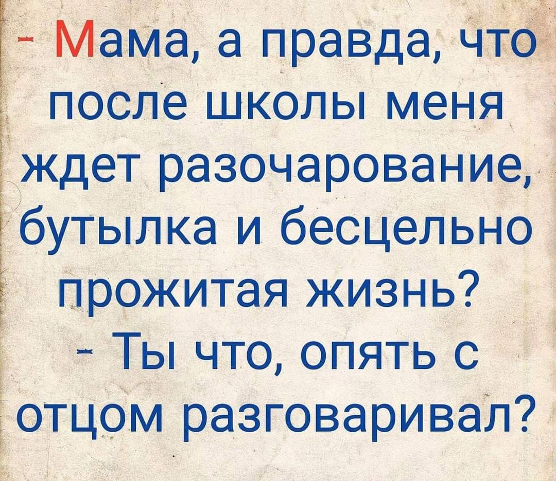 Мама а правда чта после школы меня ждет разочарование бутылка и бесцельно прожитая жизнь Ты что опять с отцом разговаривал