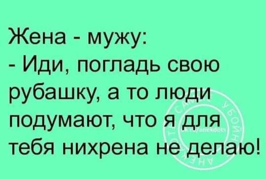 Жена мужу Иди погладь свою рубашку а то люди подумают что я для тебя нихрена не делаю