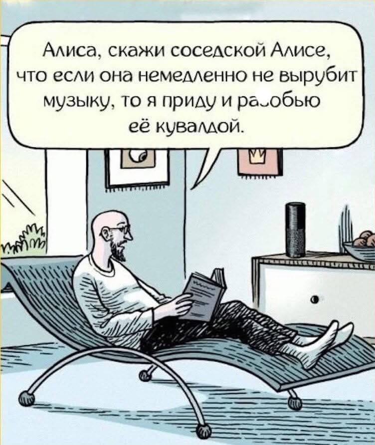 Алиса скажи соседской Алисе что если она немедленно не вырубит музыку то я приду и раобью её куваллой