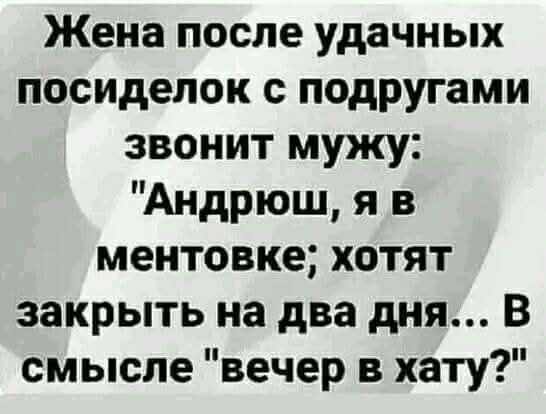 Жена после удачных посиделок с подругами звонит мужу Андрюш я в ментовке хотят закрыть на два дня В смысле вечер в хату