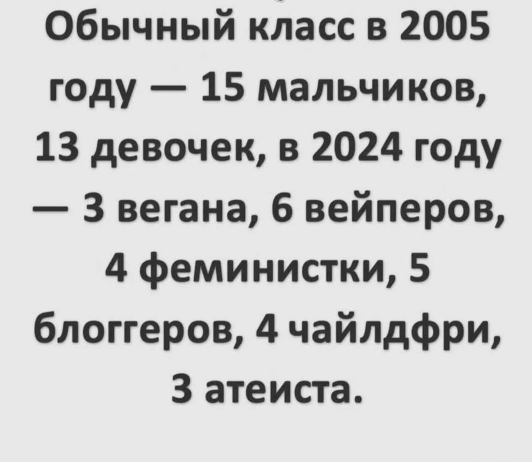 Обычный класс в 2005 году 15 мальчиков 13 девочек в 2024 году 3 вегана 6 вейперов 4 феминистки 5 блоггеров 4 чайлдфри З атеиста