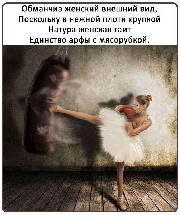 Обманчив женский внешний вид Поскольку в нежной плоти хрупкой Натура женская таит Единство арфы с мясорубкой