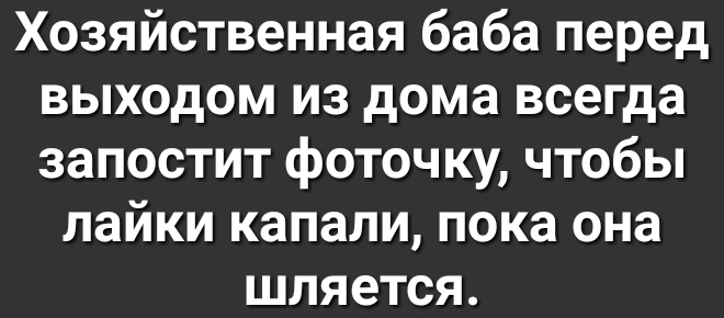Хозяйственная баба перед выходом из дома всегда запостит фоточку чтобы лайки капали пока она шляется