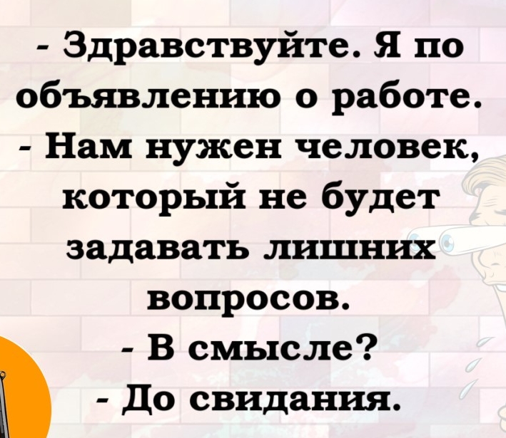 Здравствуйте Я по объявлению о работе Нам нужен человек который не будет задавать лишних вопросов В смысле до свидания